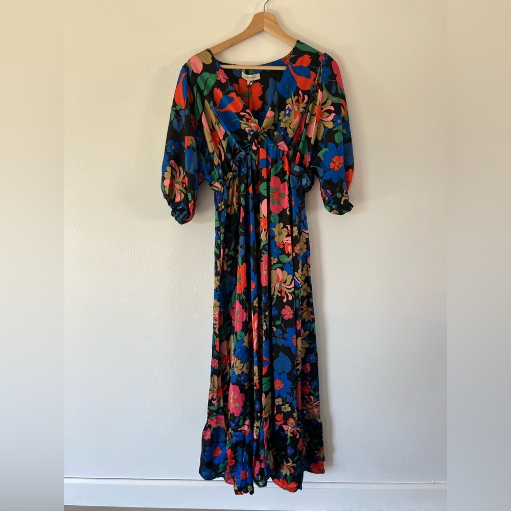 Rhea & Thea Black Floral 70s Retro Inspired Balloon Sleeve Maxi Dress Size Large